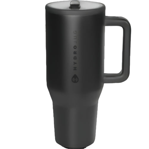 Black HydroJug Traveler 40oz tumbler with handle and flip-top lid, double-wall insulated stainless steel, shown with custom laser engraving option.