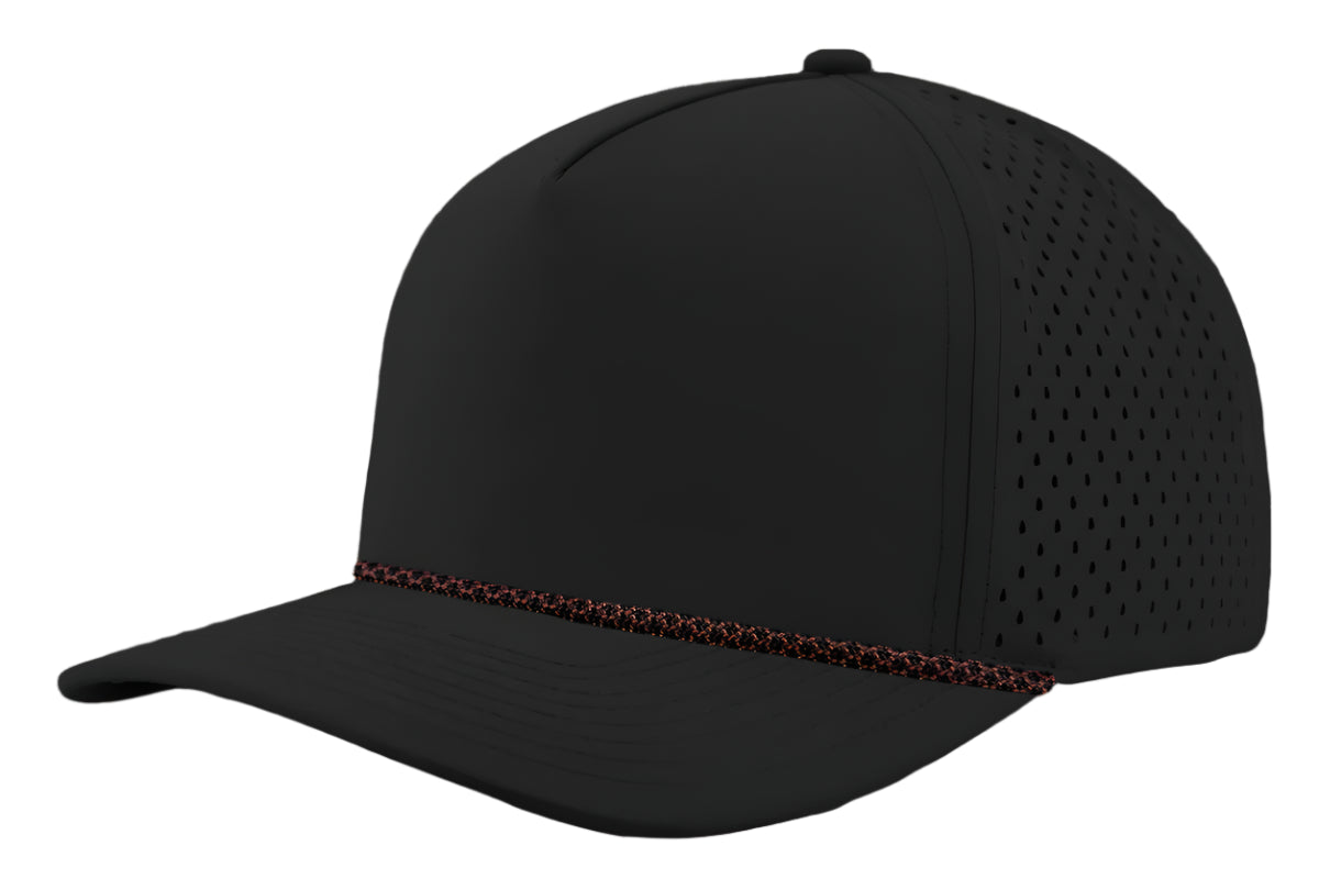 Zapped Headwear 5-panel snapback in black with copper chainlink side panel – Blackhawk R style, water repellent and customizable with leather patch