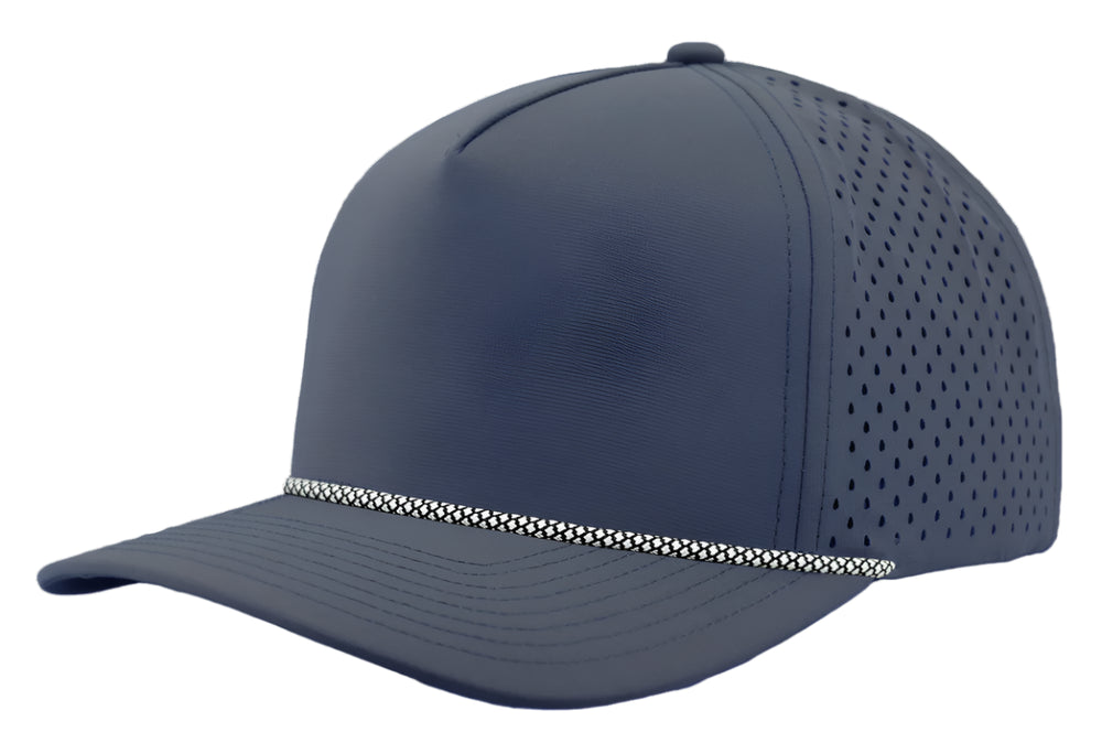 Zapped Headwear 5-panel snapback in navy with white rope – Blackhawk R style, water repellent with custom leather patch option