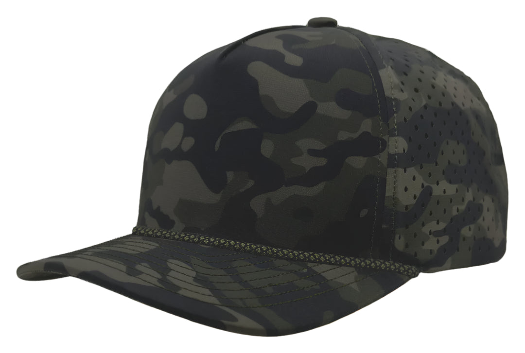 Zapped Headwear 5-panel snapback in olive camo with chainlink design – Blackhawk R style, water repellent and customizable with leather patch