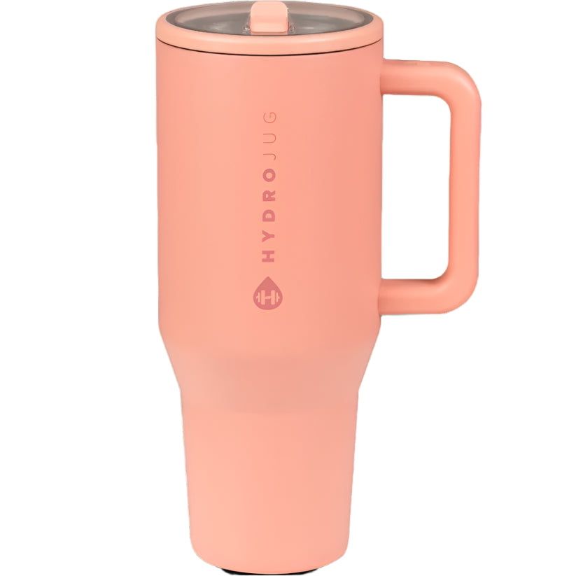 Dahlia pink HydroJug Traveler 40oz tumbler with handle and flip-top lid, double-wall insulated stainless steel, customizable with laser engraving.