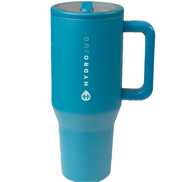 Glacier blue HydroJug Traveler 40oz tumbler with handle and flip-top lid, double-wall insulated stainless steel, customizable with laser engraving.