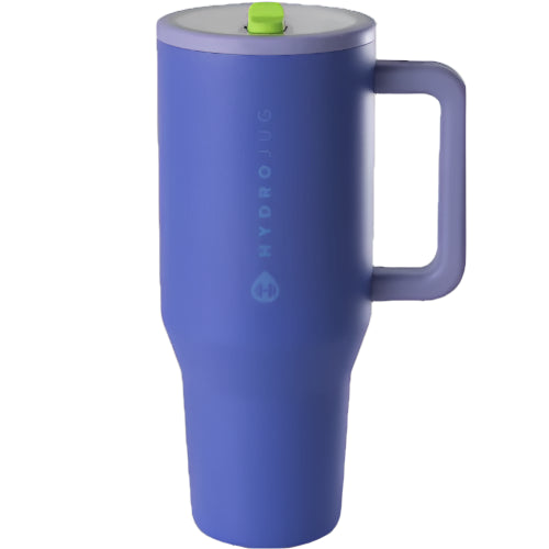 Lime Rickey green HydroJug Traveler 40oz tumbler with handle and flip-top lid, double-wall insulated stainless steel, customizable with laser engraving.