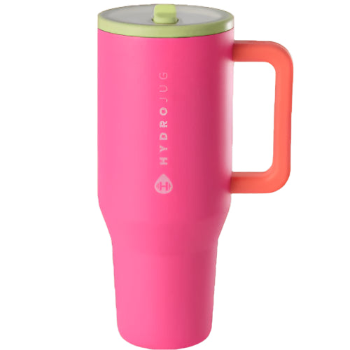 Orchid HydroJug Traveler 40oz tumbler with handle and flip-top lid, double-wall insulated stainless steel, customizable with laser engraving.