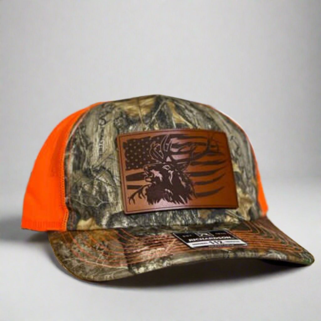 Richardson 112 Realtree Camo/Neon Orange Hat with Distressed Flag and Elk Patch