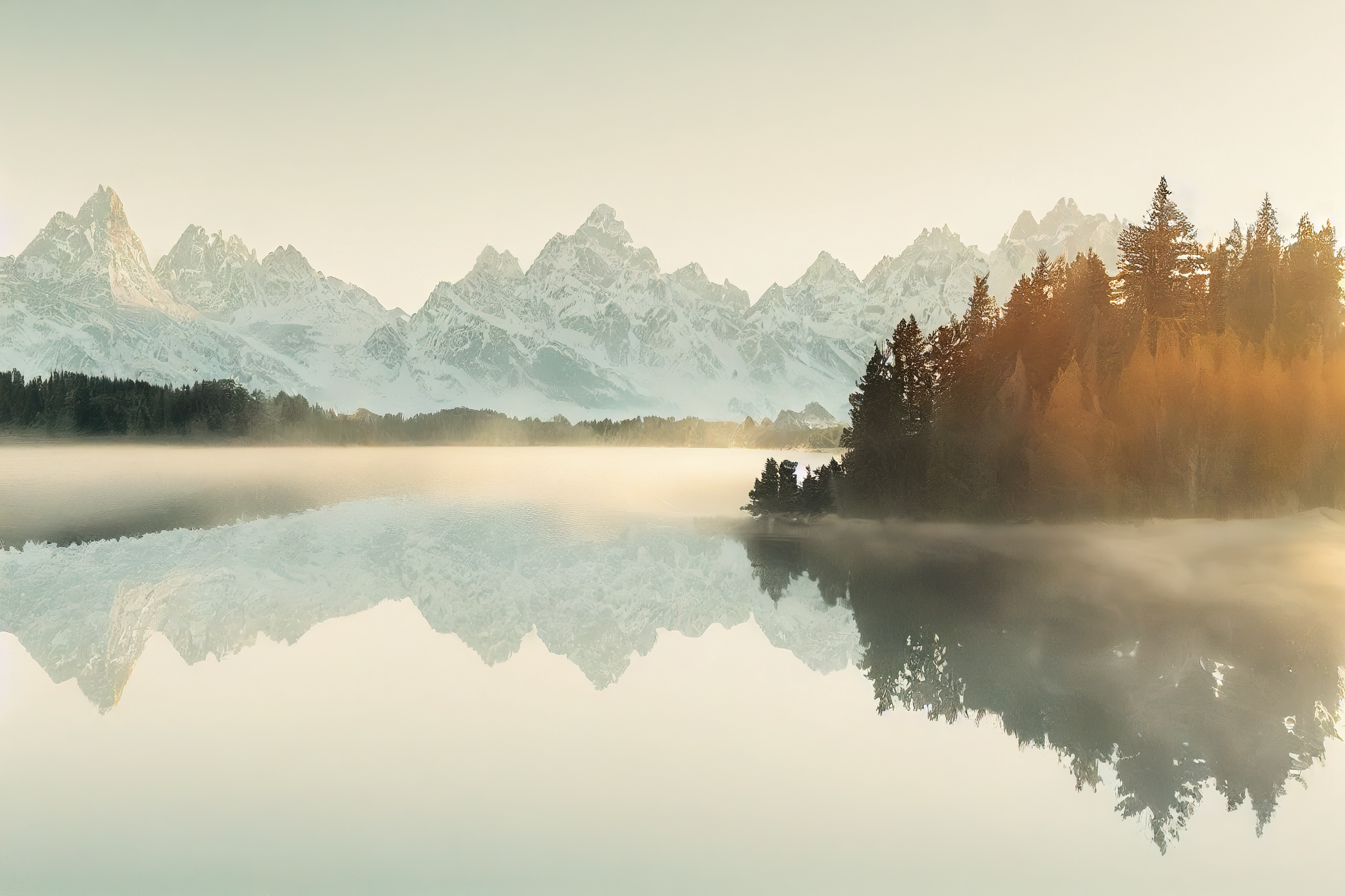 Serene image of the teton mountains, lake and forest