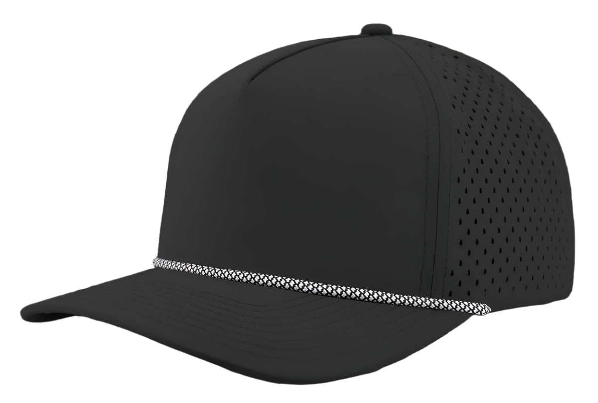 Zapped Headwear 5-panel snapback in black with white chainlink side panel – Blackhawk R style, water repellent and customizable with leather patch