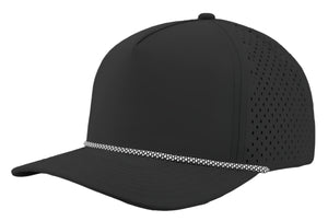 Zapped Headwear 5-panel snapback in black with white chainlink side panel – Blackhawk R style, water repellent and customizable with leather patch
