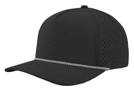 Zapped Headwear 5-panel snapback in black with white chainlink side panel – Blackhawk R style, water repellent and customizable with leather patch
