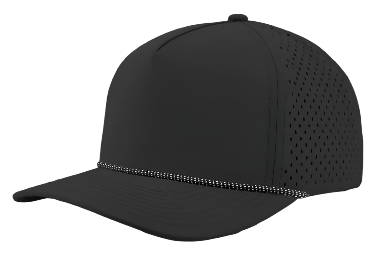 Zapped Headwear 5-panel snapback in black with white grid mesh side panel – Blackhawk R style, water repellent and customizable with leather patch