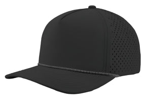 Zapped Headwear 5-panel snapback in black with white grid mesh side panel – Blackhawk R style, water repellent and customizable with leather patch