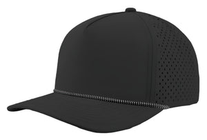 Zapped Headwear 5-panel snapback in black with white grid mesh side panel – Blackhawk R style, water repellent and customizable with leather patch