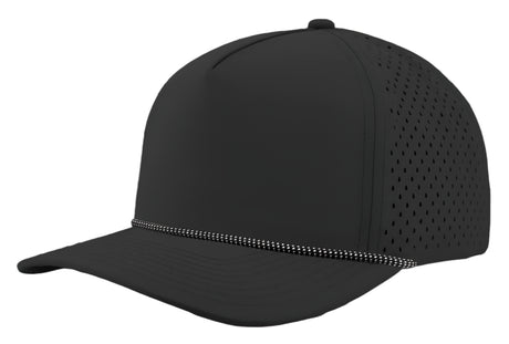 Zapped Headwear 5-panel snapback in black with white grid mesh side panel – Blackhawk R style, water repellent and customizable with leather patch
