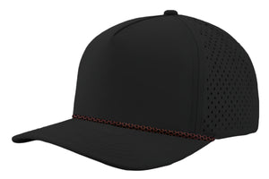 Zapped Headwear 5-panel snapback in black with copper chainlink side panel – Blackhawk R style, water repellent and customizable with leather patch