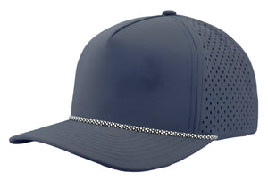 Zapped Headwear 5-panel snapback in navy with white rope – Blackhawk R style, water repellent with custom leather patch option