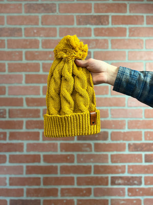 Custom Leather Patch Chunky Knit Pom Beanie