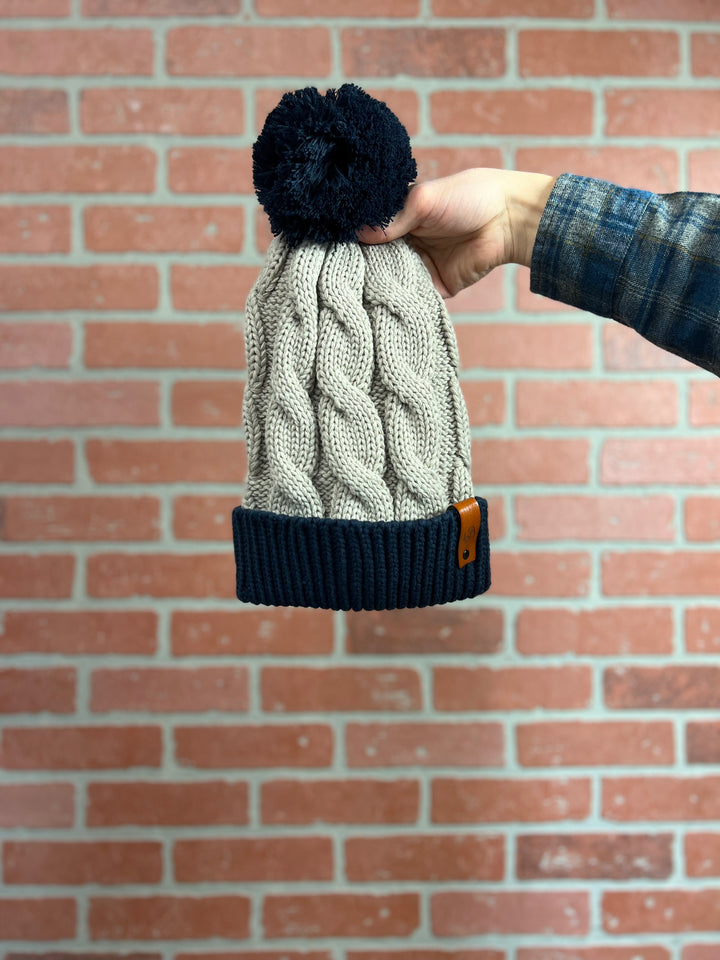 Custom Leather Patch Chunky Knit Pom Beanie