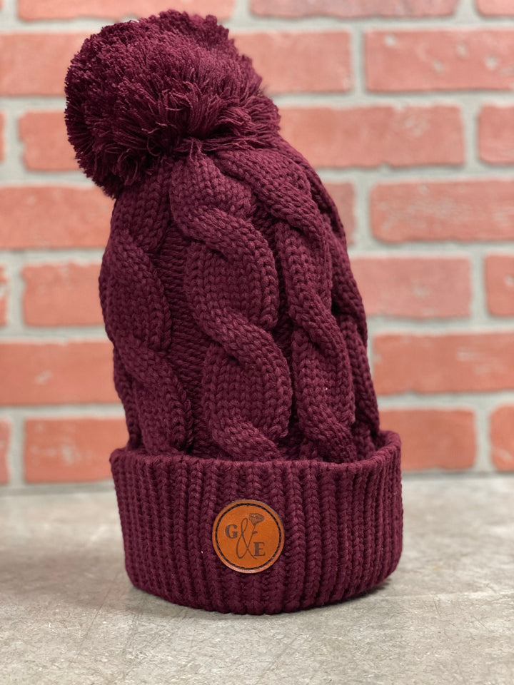 Custom Leather Patch Chunky Knit Pom Beanie