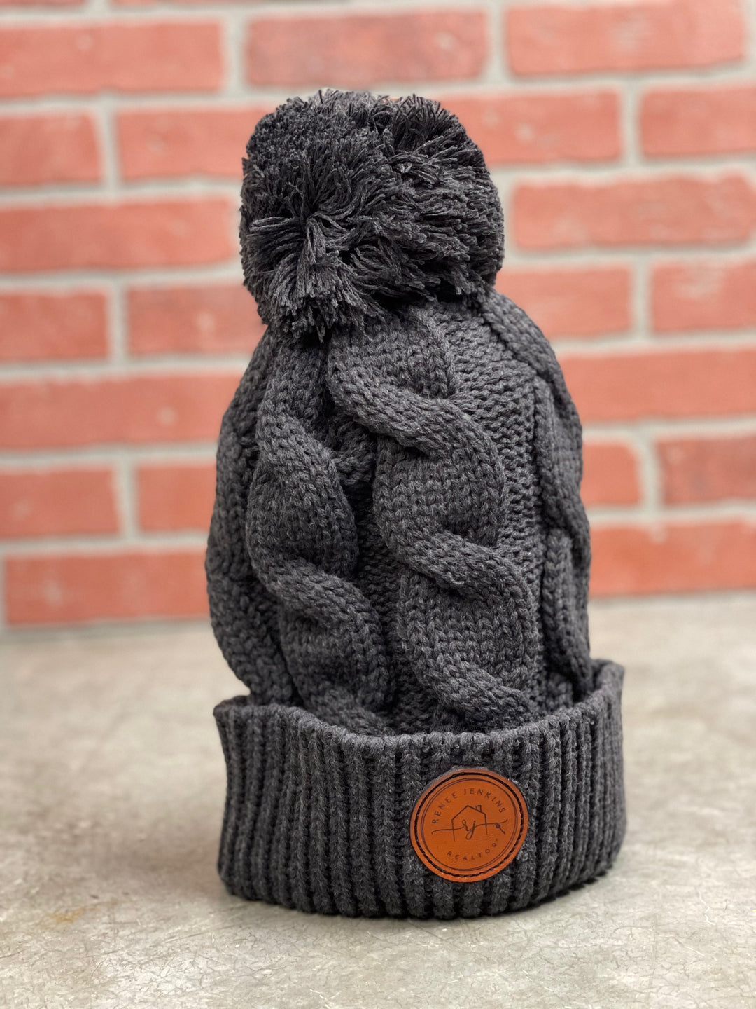 Custom Leather Patch Chunky Knit Pom Beanie